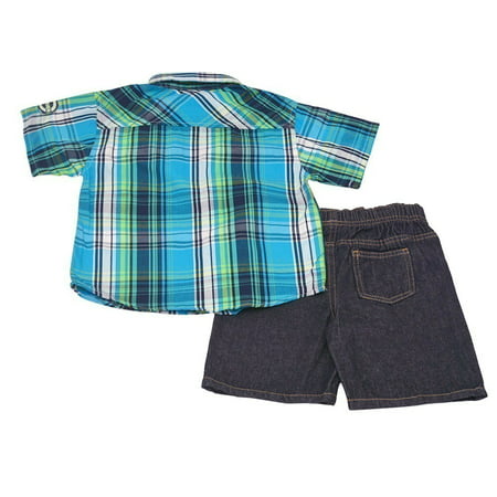 Little Boys Green Black Plaid Short Sleeve Shirt 2 Pc Shorts Outfit 2T-7 